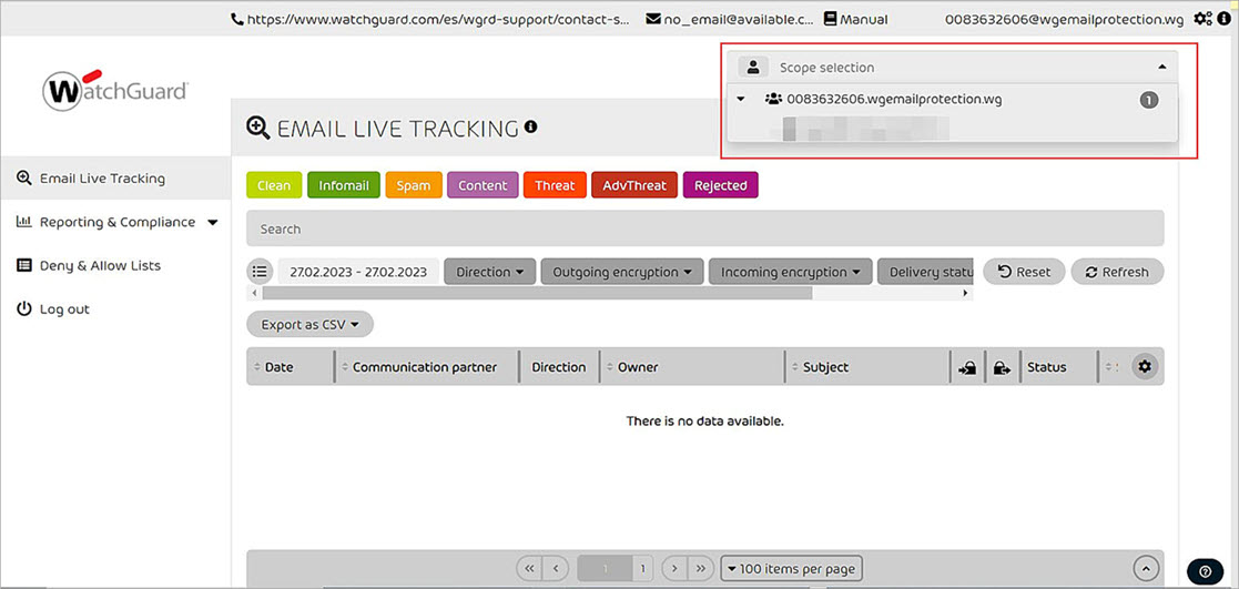 Screenshot of the WatchGuard Email Protection scope selection